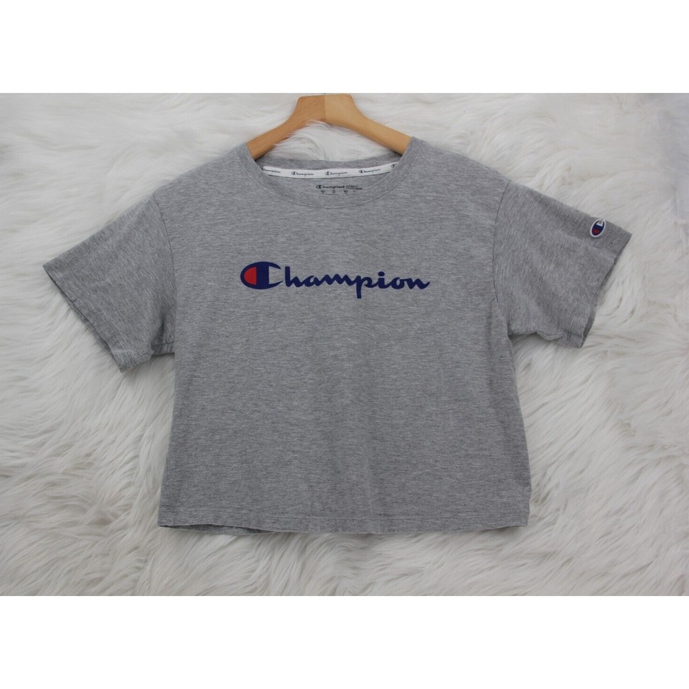 Champion Women's Gray Short Sleeve Cotton Bld Crop Top Logo Sz S #827